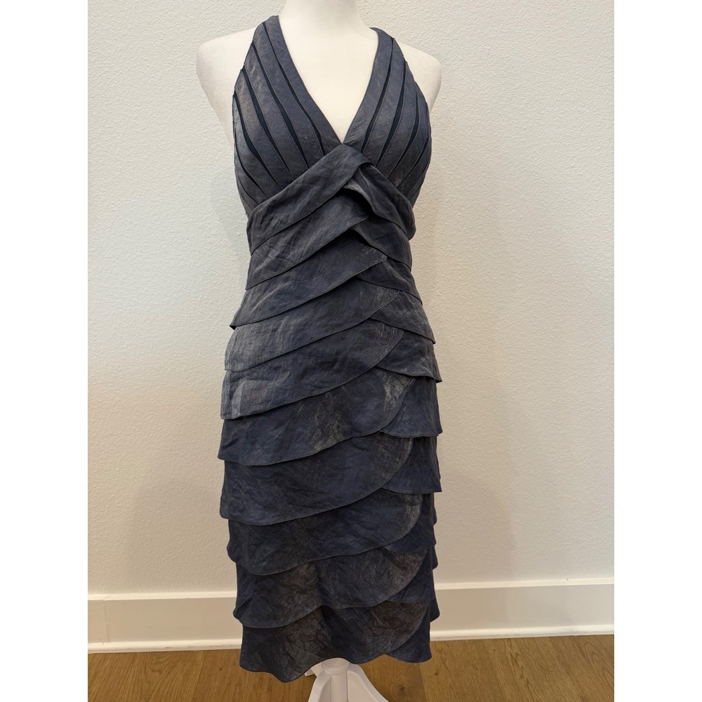 Cache Women's Blue Gray Metallic Halter Dress Tiered Ruffle Knee Length Dress 2‎